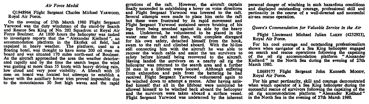 London Gazette extract for Flight Sergent Charles Michael Yarwood Air Force Medal Award