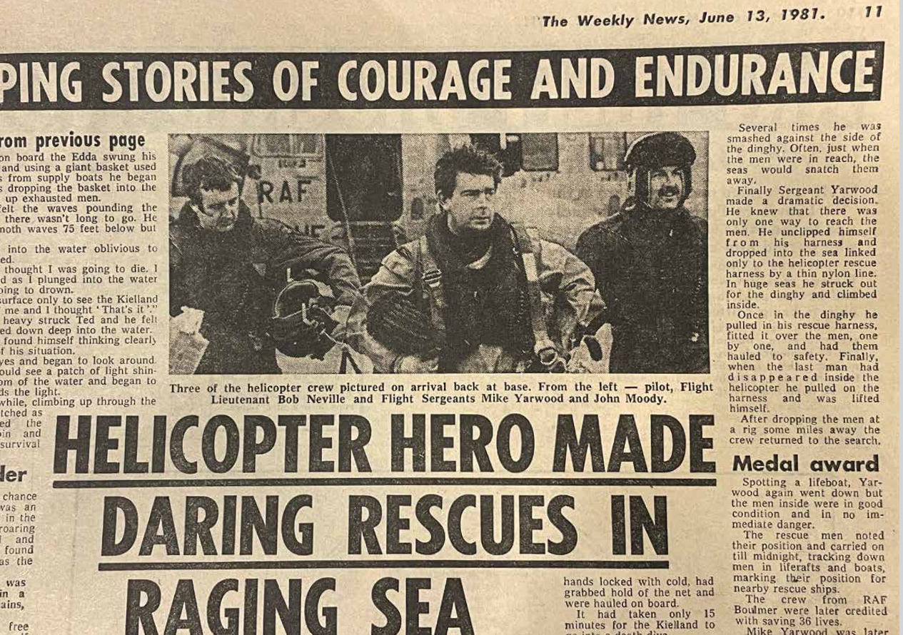 "Helicopter Hero Made Daring Rescues In Raging Sea" Newspaper article from June 13 1981