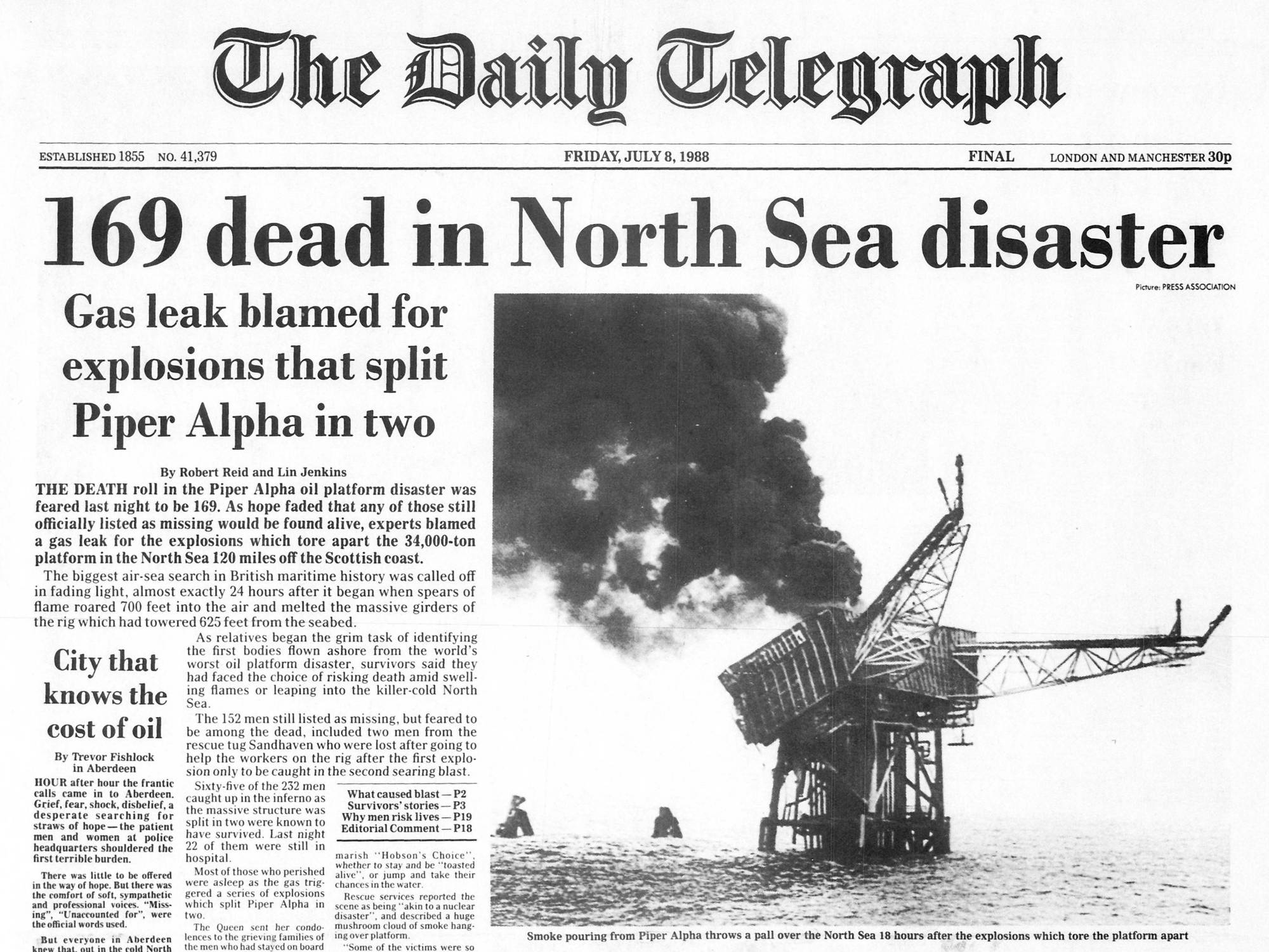 The Daily Telegraph article "169 dead in North Sea Disaster" from 8th July 1988